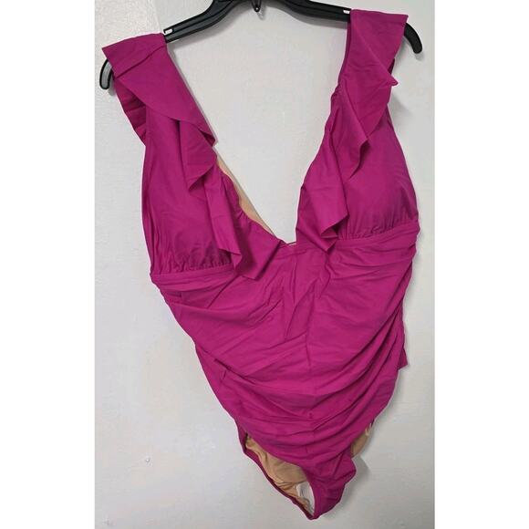 J.Crem Ruched Ruffle One Piece Swimsuit Fucsia Size 22 BP222 - Picture 1 of 11